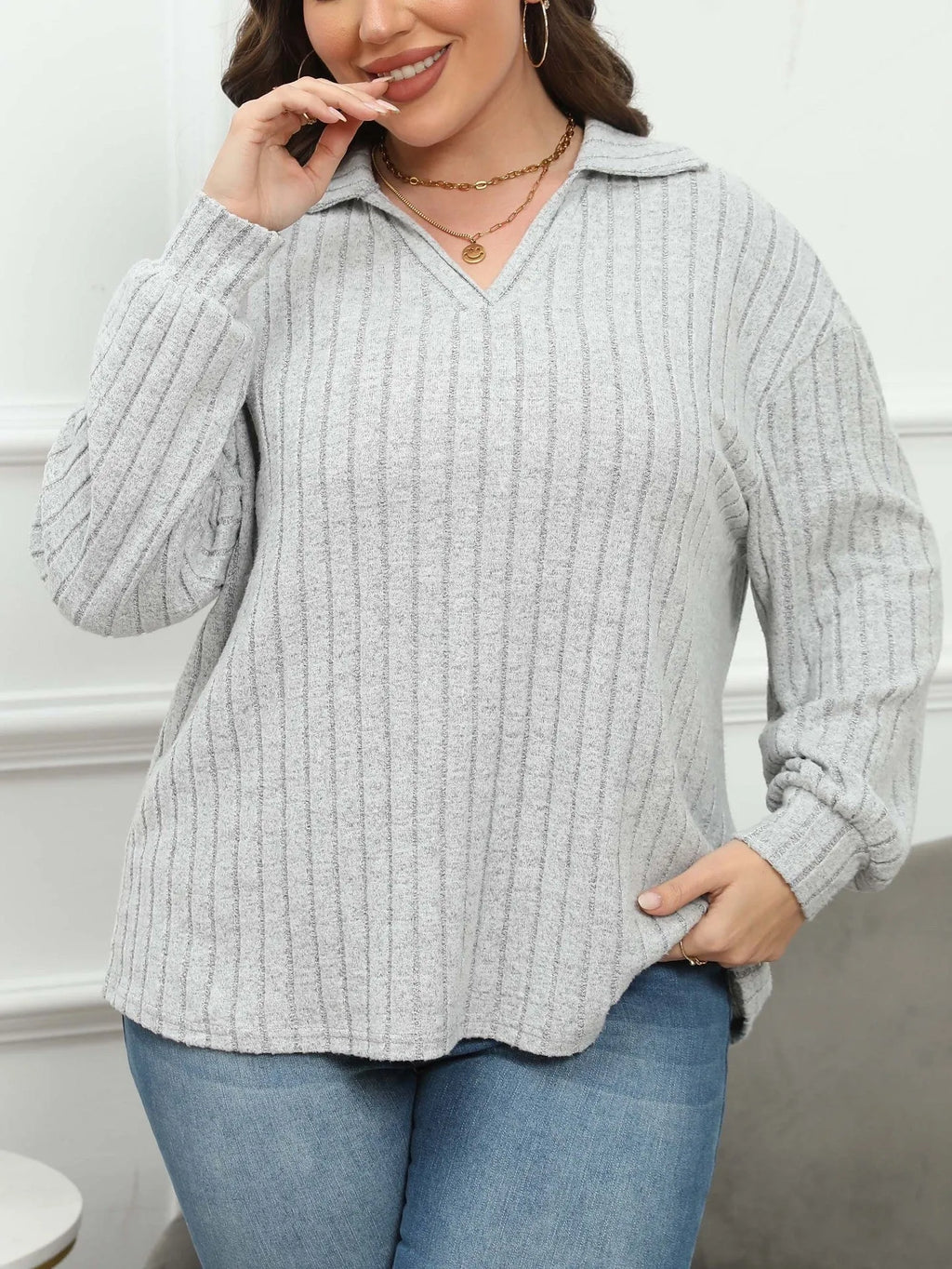 Women's plus size gray polo collar shirt with lantern sleeves in street fashion gothic style