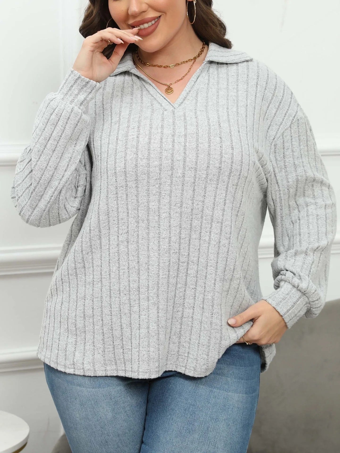 Women's plus size gray polo collar shirt with lantern sleeves in street fashion gothic style
