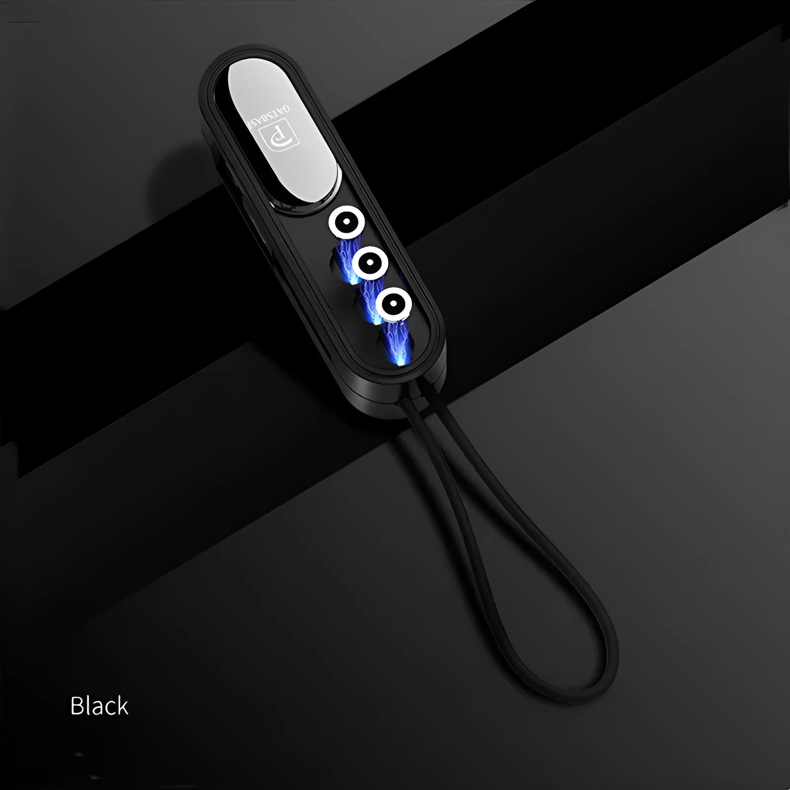 Black magnetic three-in-one USB charging cable with 0.4 metre length shown alongside white and red colour options