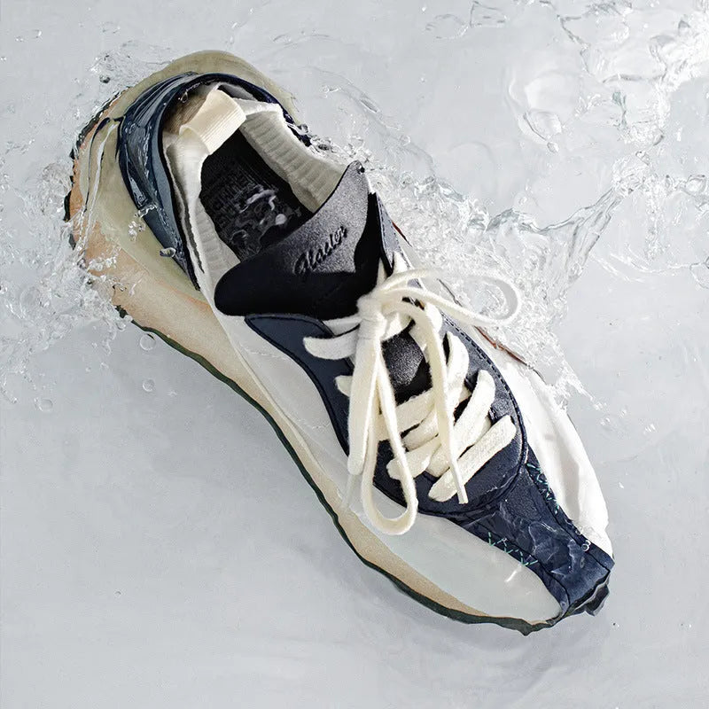Men's retro casual running shoes with round toe, white blue colour, rubber sole, and front tie closure
