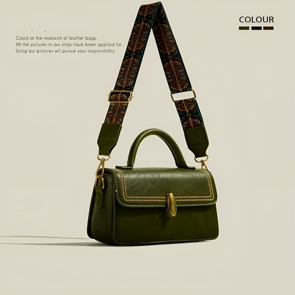 Brown retro women's messenger bag with shoulder strap, showing external sandwich pocket and square vertical shape.