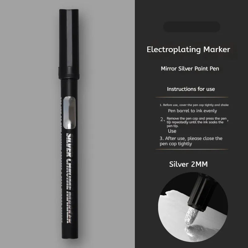 Waterproof mirror marker pen with plastic shell, shown with 1mm and 2mm tip size options.