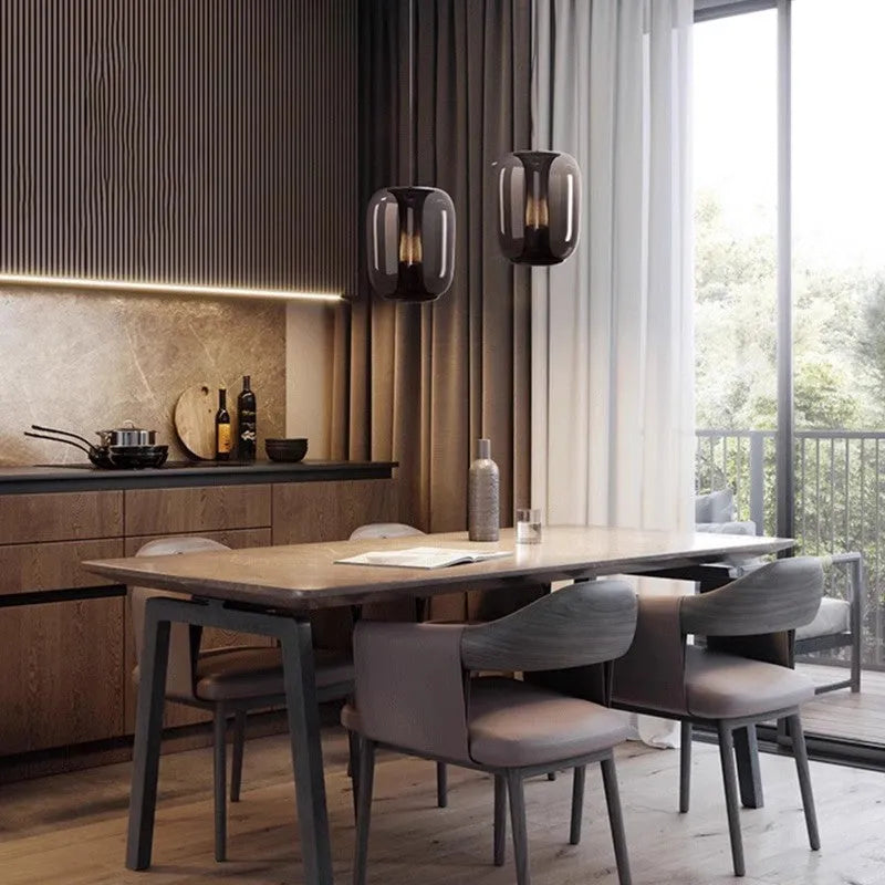 Minimalist Nordic style chandelier with glass globe shade in clear, cognac or smoky grey colour