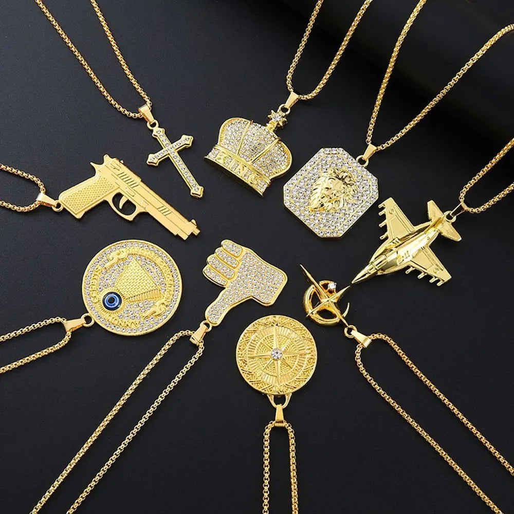 Gold-tone geometric alloy pendant necklace with an inlaid clear zircon stone for women.