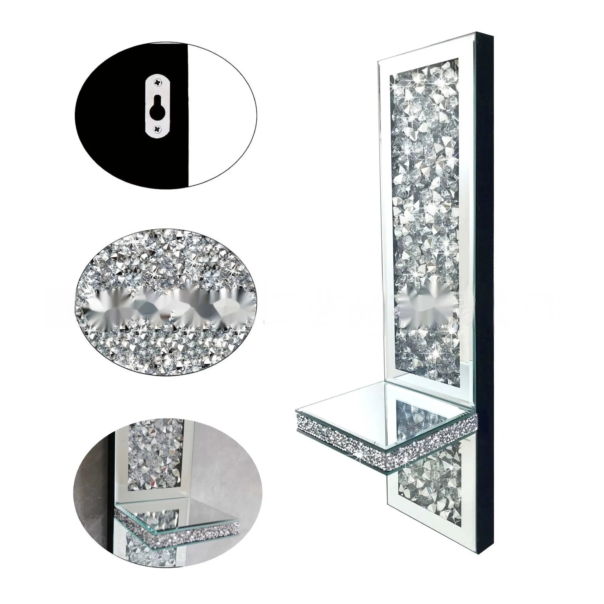 Pair of tall, silver mirror glass candlesticks designed for wall mounting in a living room.