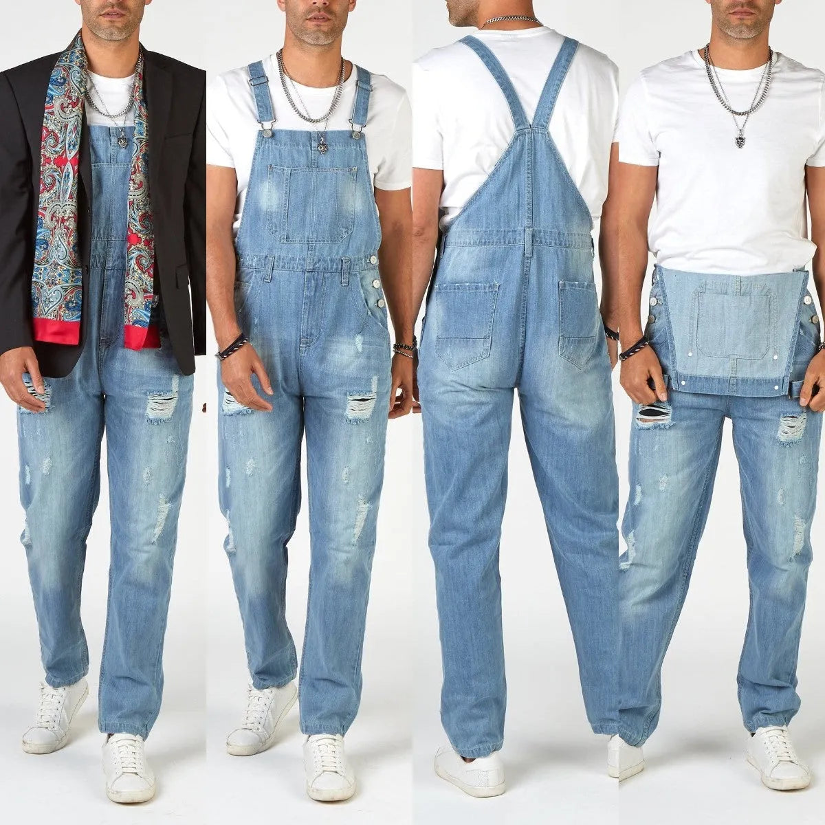 Light blue ripped suspender pants men's jeans with high waist and straight leg design