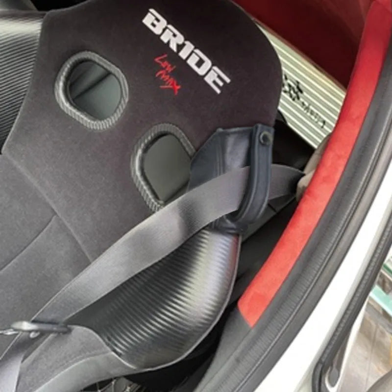 Racing seat belt leather buckle cover kit with black, red, blue, and grey straps for RECARO and Bride seats.