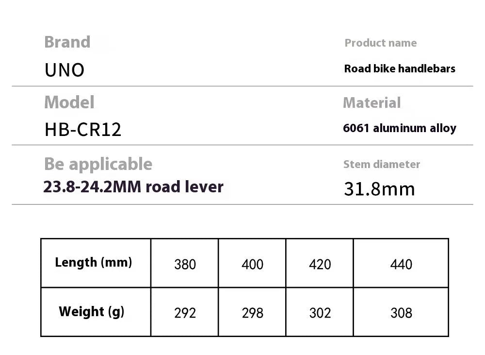 Black UNO aluminium alloy road bike racing drop handlebar showing shallow bend profile.