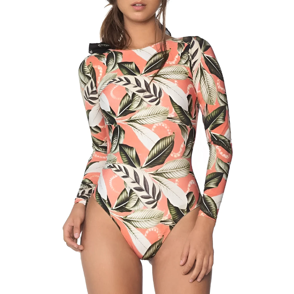 Women's leaf print backless one-piece swimsuit for swimming and diving