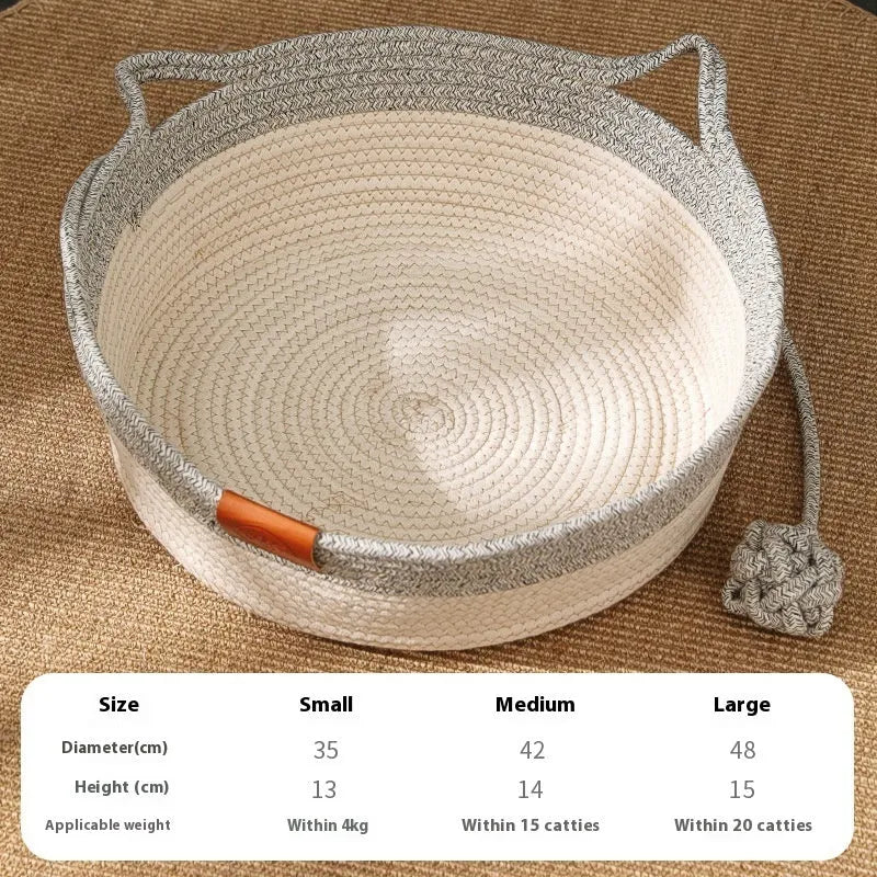 Grey woven cloth cat nest mat with cotton string stitching shown in a cat bed
