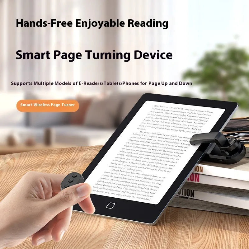 Wireless page turner remote control with clicker for hands-free reading on tablets and e-readers.