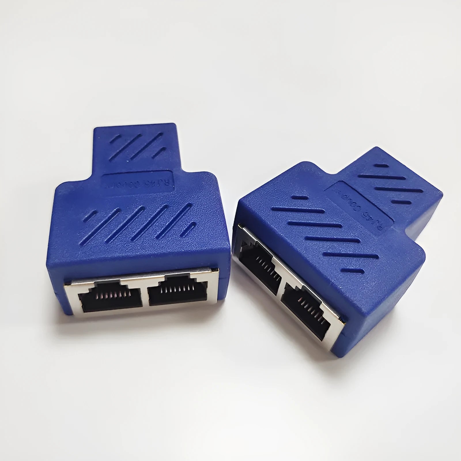 RJ45 network cable splitter adapter in white, yellow, red, blue, and black colours