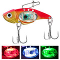 Electronic metal vib fishing lure with luminous elements in blue and red body colours