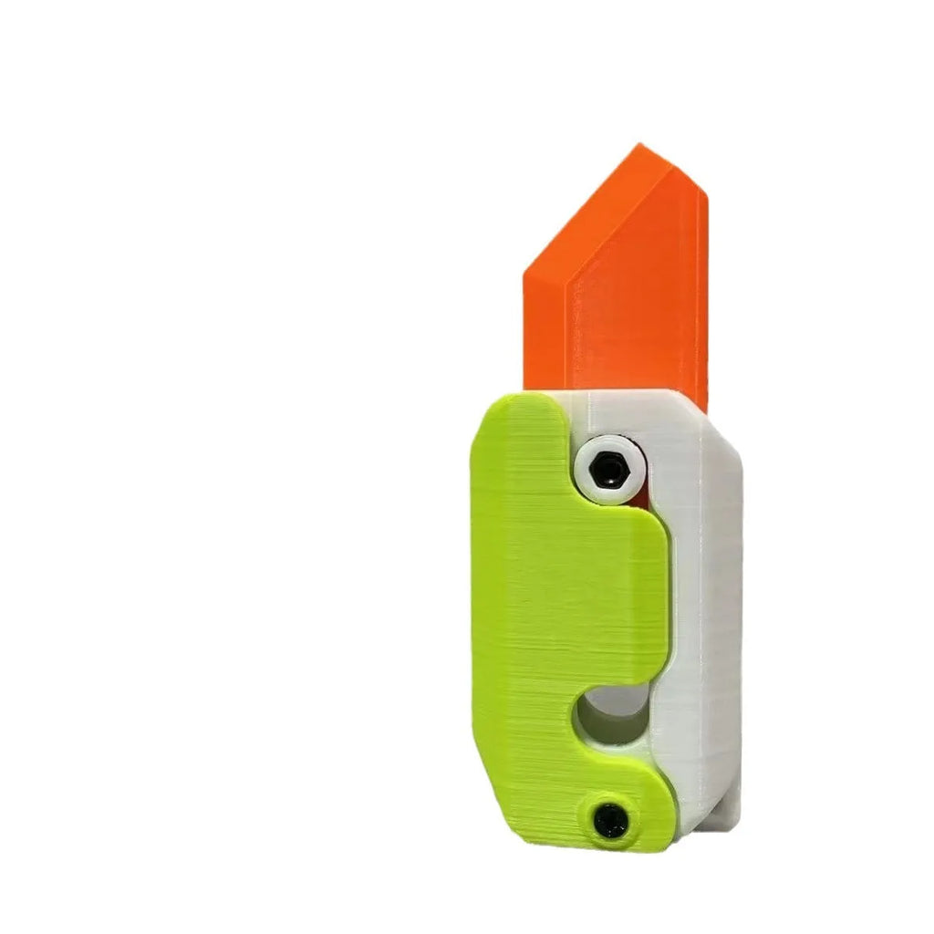 Carrot-shaped 3D printed plastic gravity fidget knife with orange purple green colour scheme