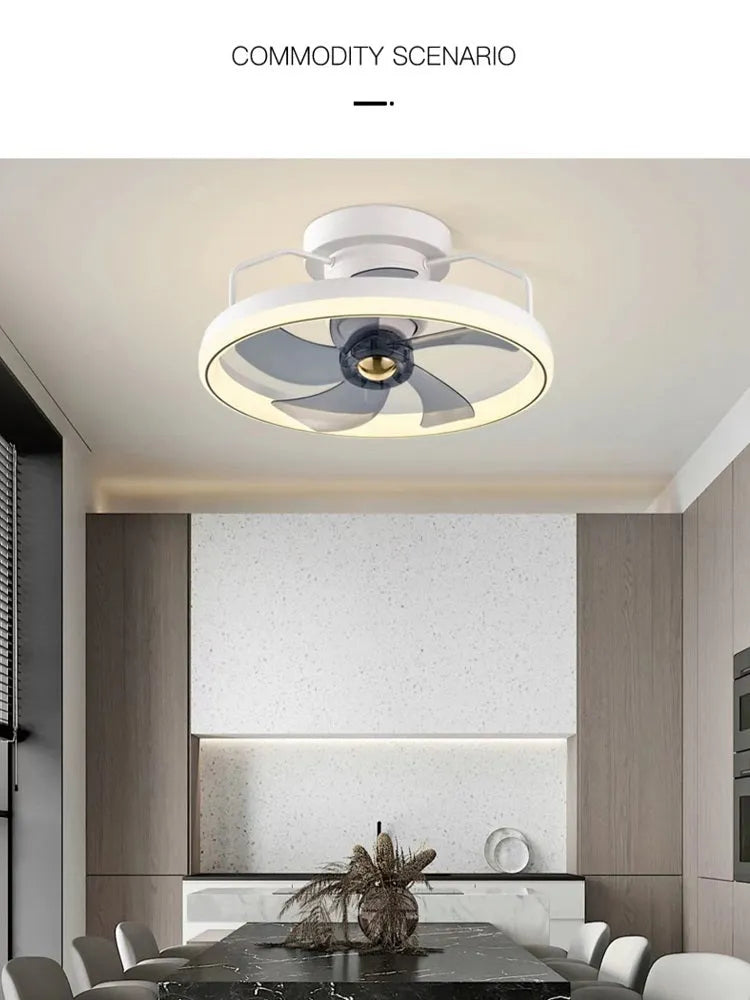 Modern simple ceiling fan lamp with light, 50cm diameter, shown in a selection of colours.