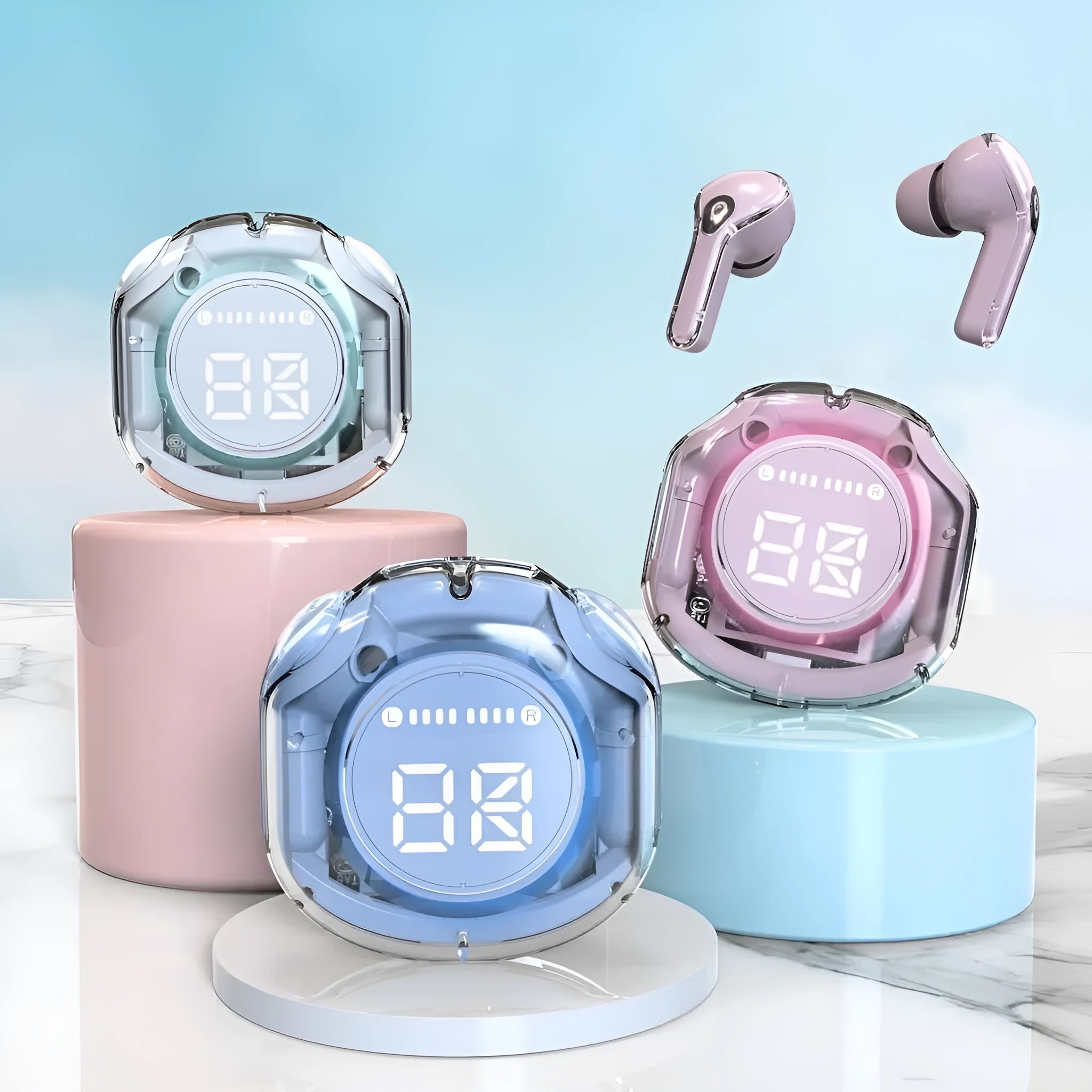 Warehouse wireless Bluetooth headset in multiple colours showing in-ear design.