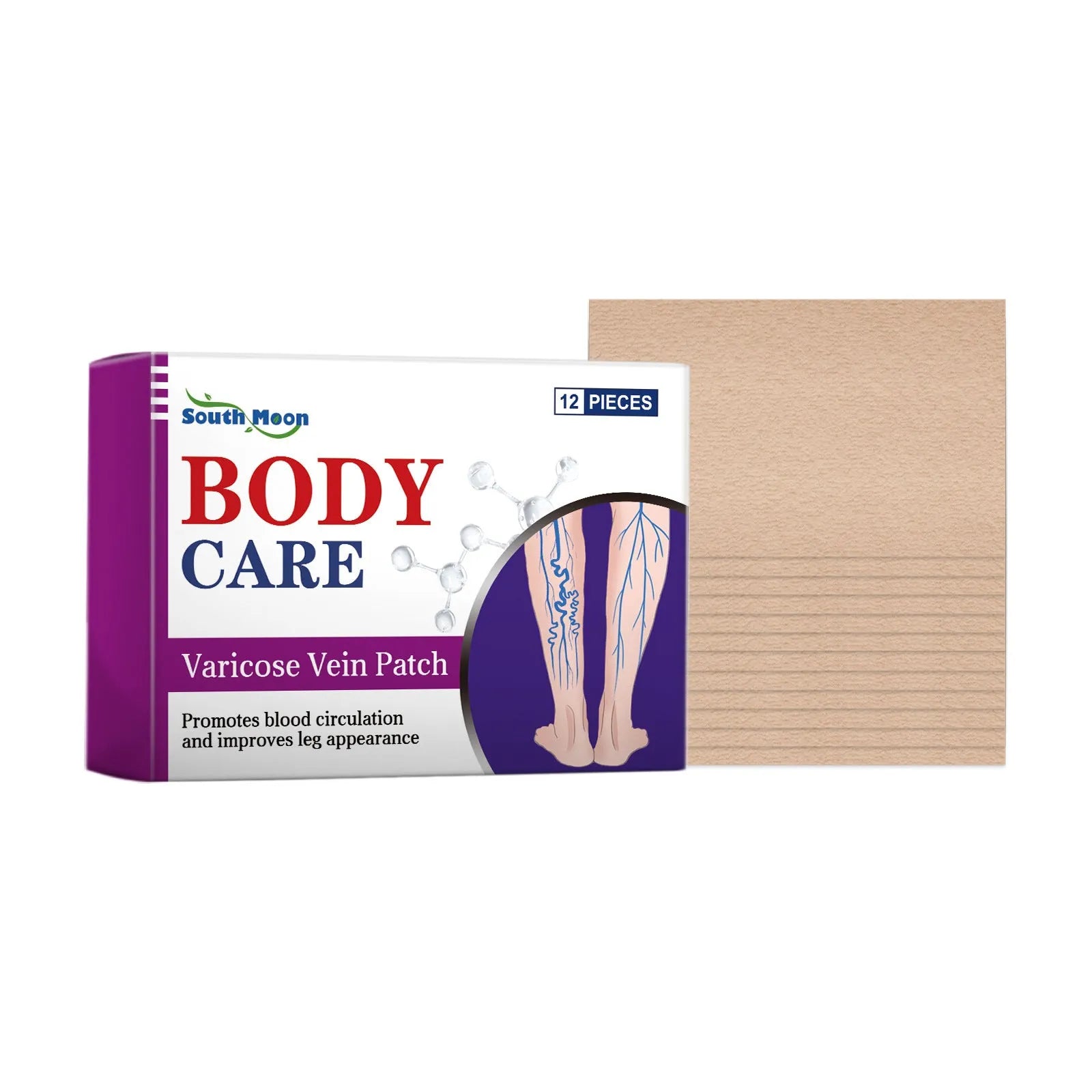 Box of 12 single-use leg care patches with plant-based ingredients for leg and foot application.