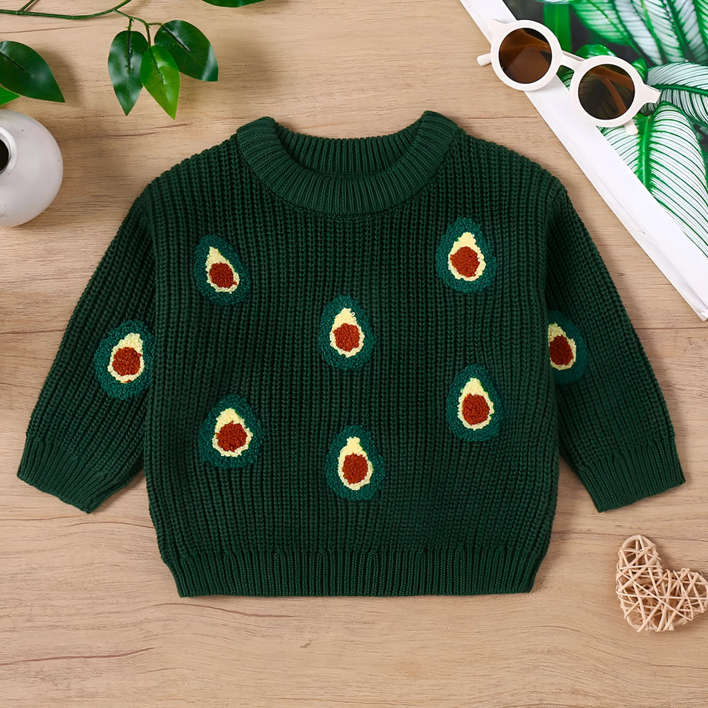 Children's cotton long-sleeve sweater with green cartoon avocado embroidery, pullover style, winter unisex top