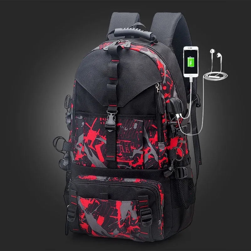 Men's large waterproof Oxford cloth hiking backpack in multiple colour options on a neutral background.