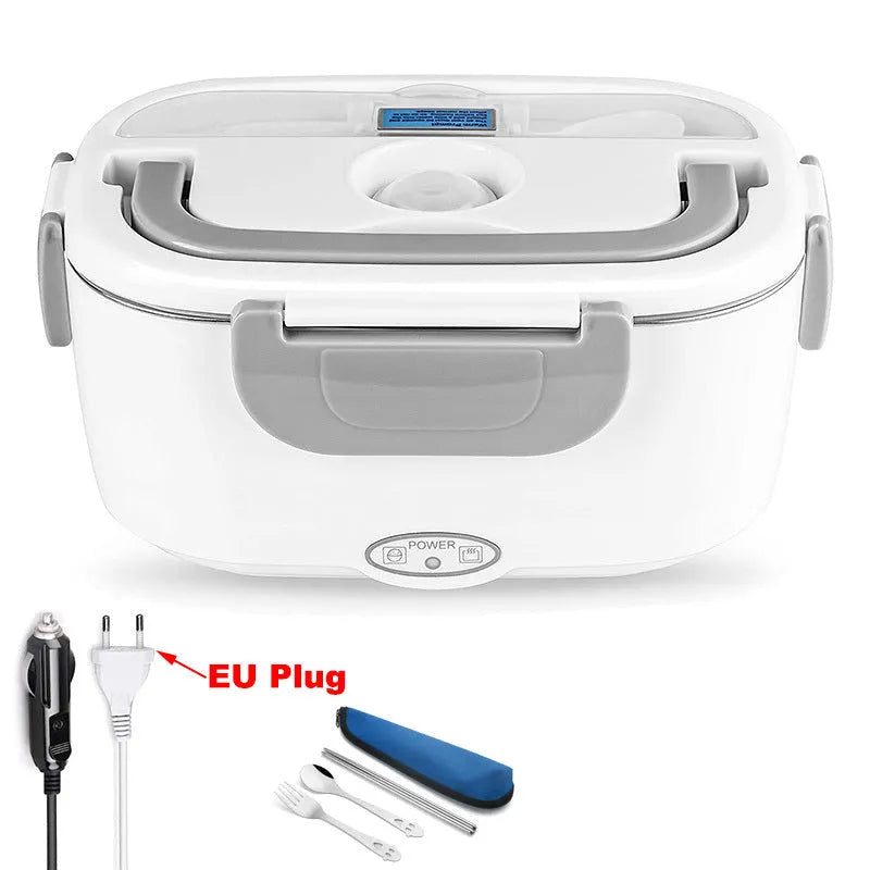Grey plastic electric lunch box with stainless steel inner liner showing mechanical control dial