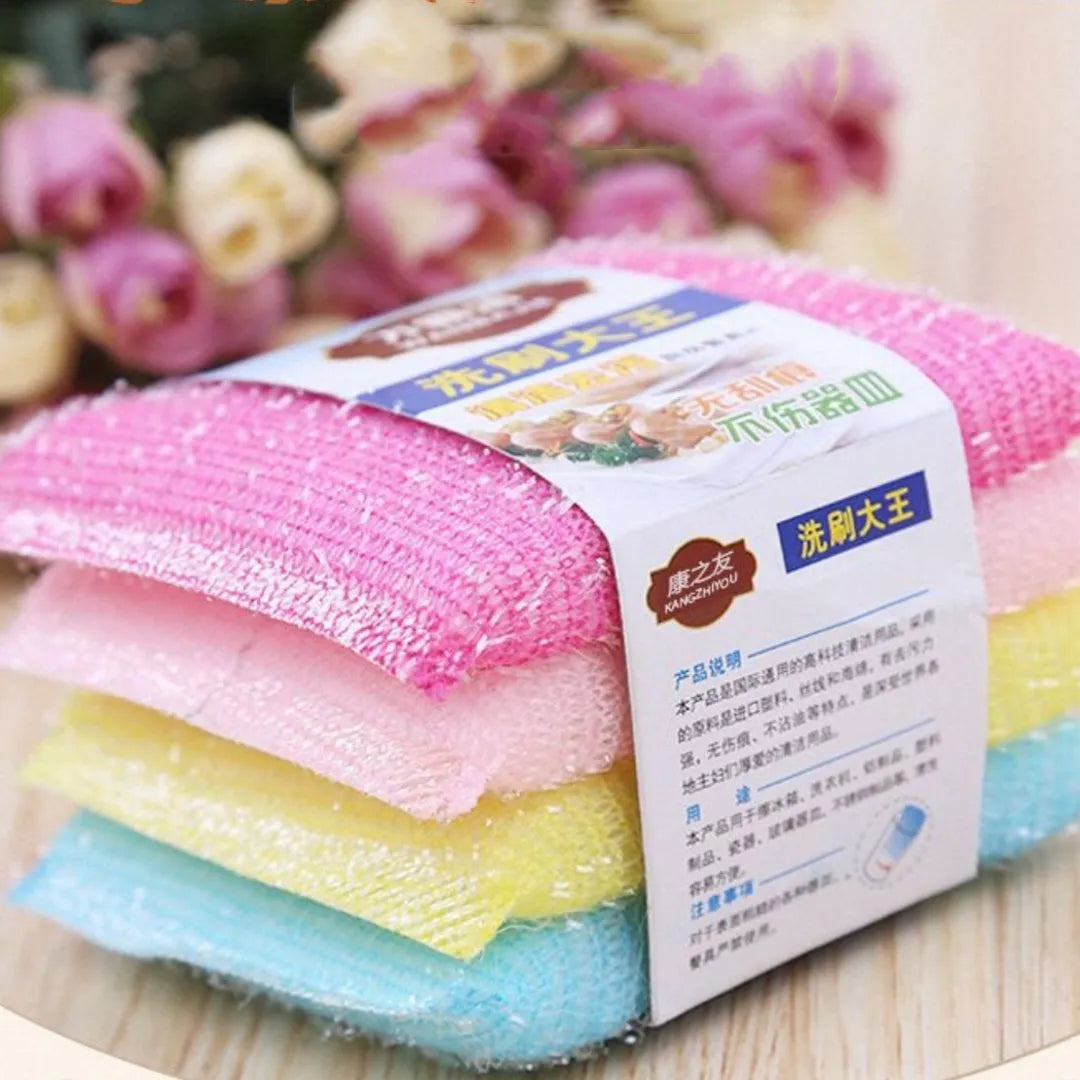 Macaron coloured pinstripe fabric sponge scrubbing mop for dishwashing measuring 12 by 8.5 centimetres