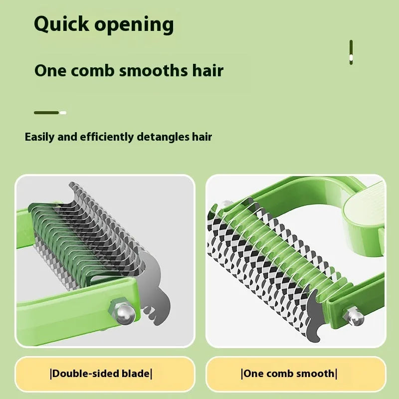 Green and grey dog grooming comb with stainless steel teeth for removing mats and tangles.