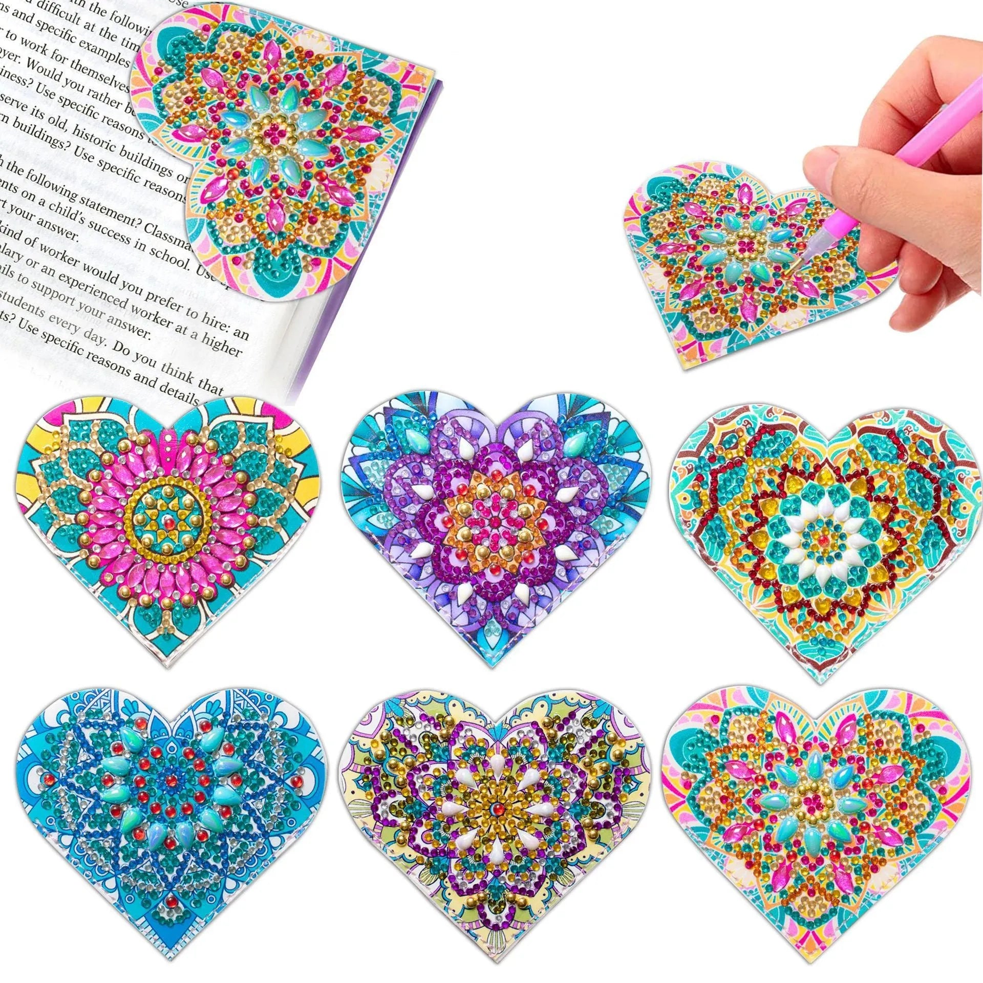 Handmade PU leather bookmark set with stick-on crystals and flower cornerite decorations