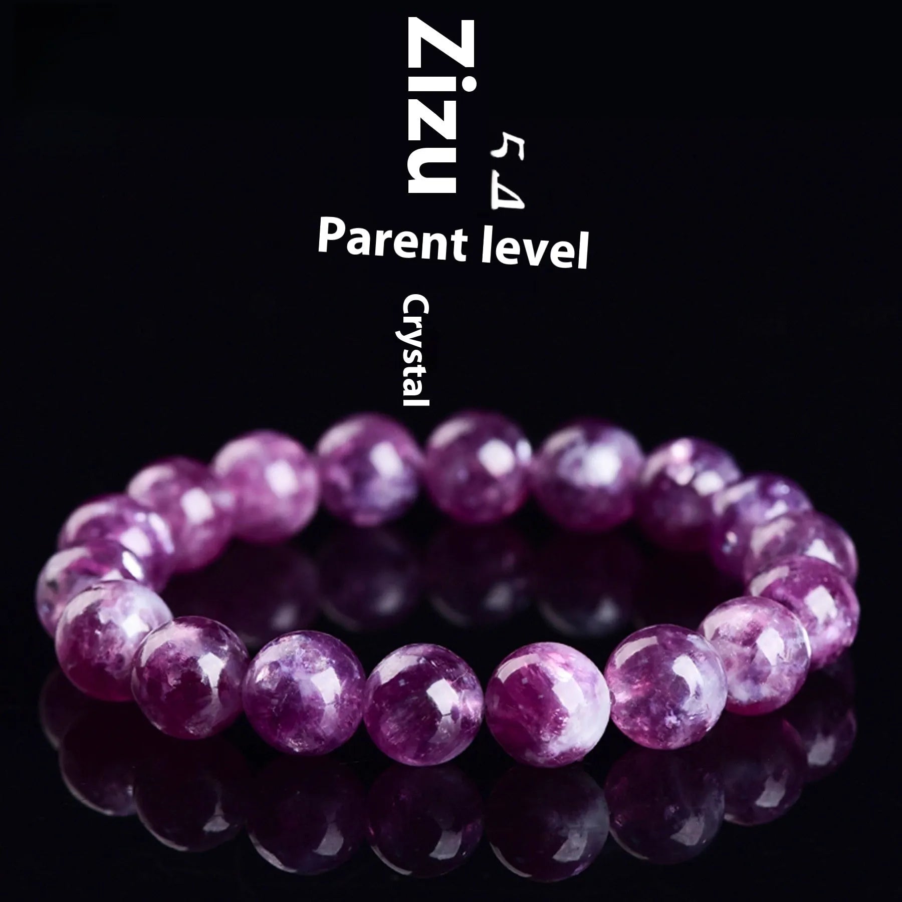 Purple geometric crystal bracelet with polished beads, shown in different size options.