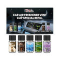 Car air freshener refill pack showing five 10ml essential oil scent bottles with vent clip attachment