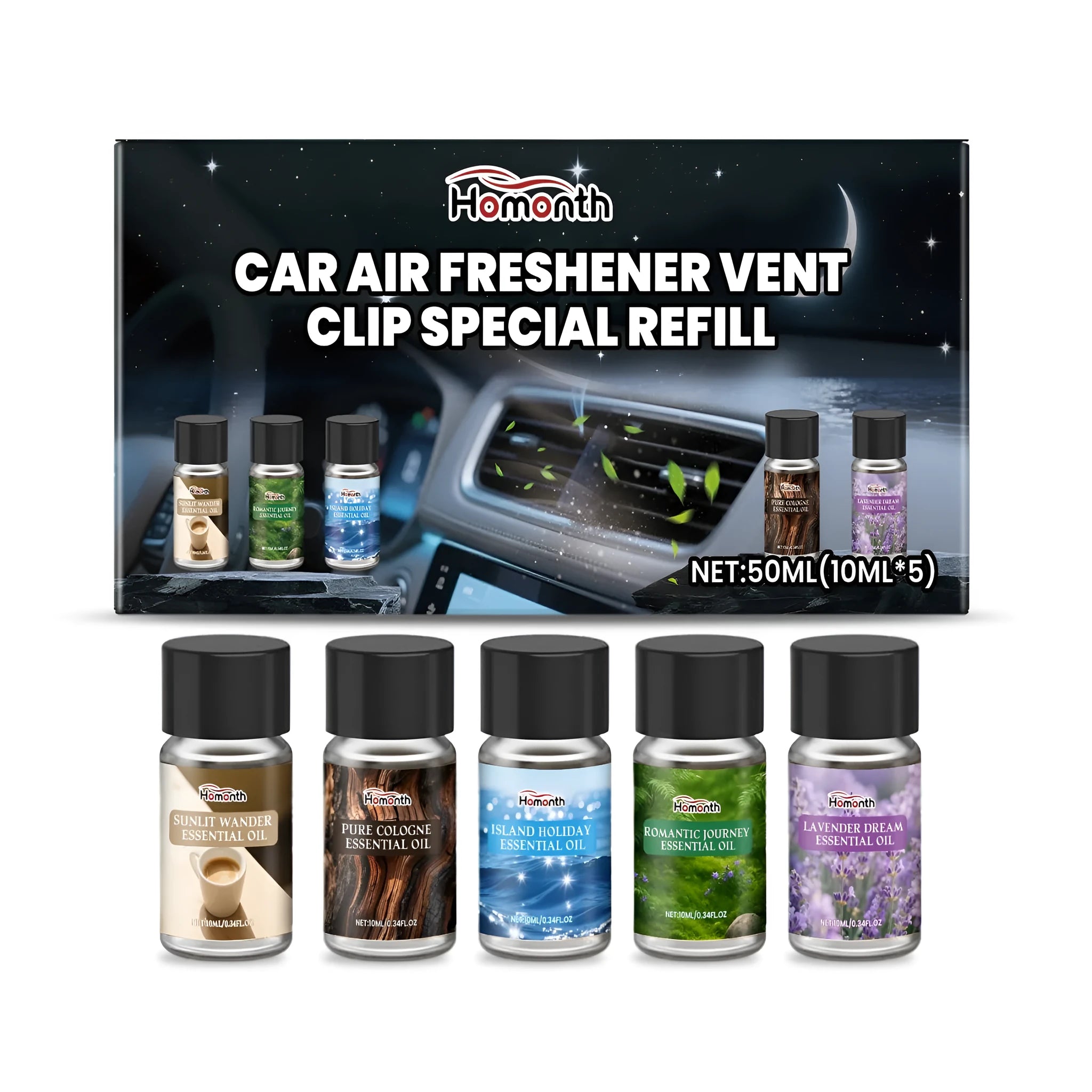 Car air freshener refill pack showing five 10ml essential oil scent bottles with vent clip attachment