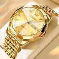Roman scale double calendar quartz watch for men with black dial, luminous hands, fine steel strap, and butterfly buckle on white background
