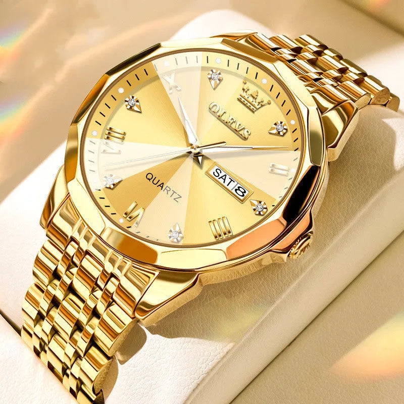 Roman scale double calendar quartz watch for men with black dial, luminous hands, fine steel strap, and butterfly buckle on white background
