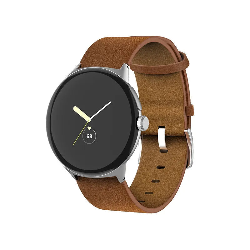 Genuine leather watch strap for Google Pixel Watch in black colour, flat interface design