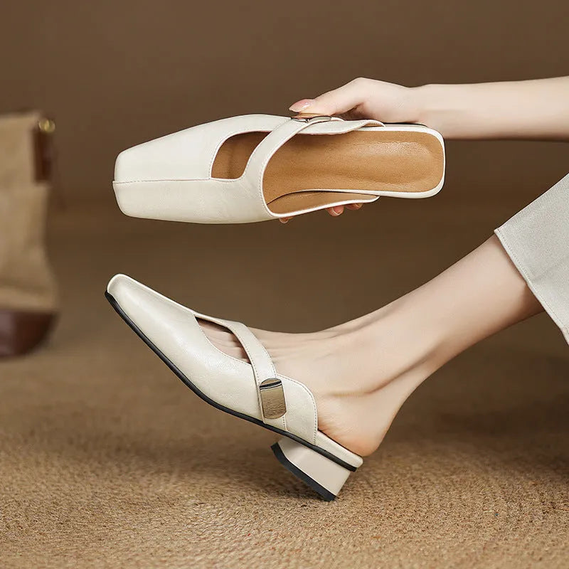 British style square head low heel slippers in artificial PU with imitation leather lining