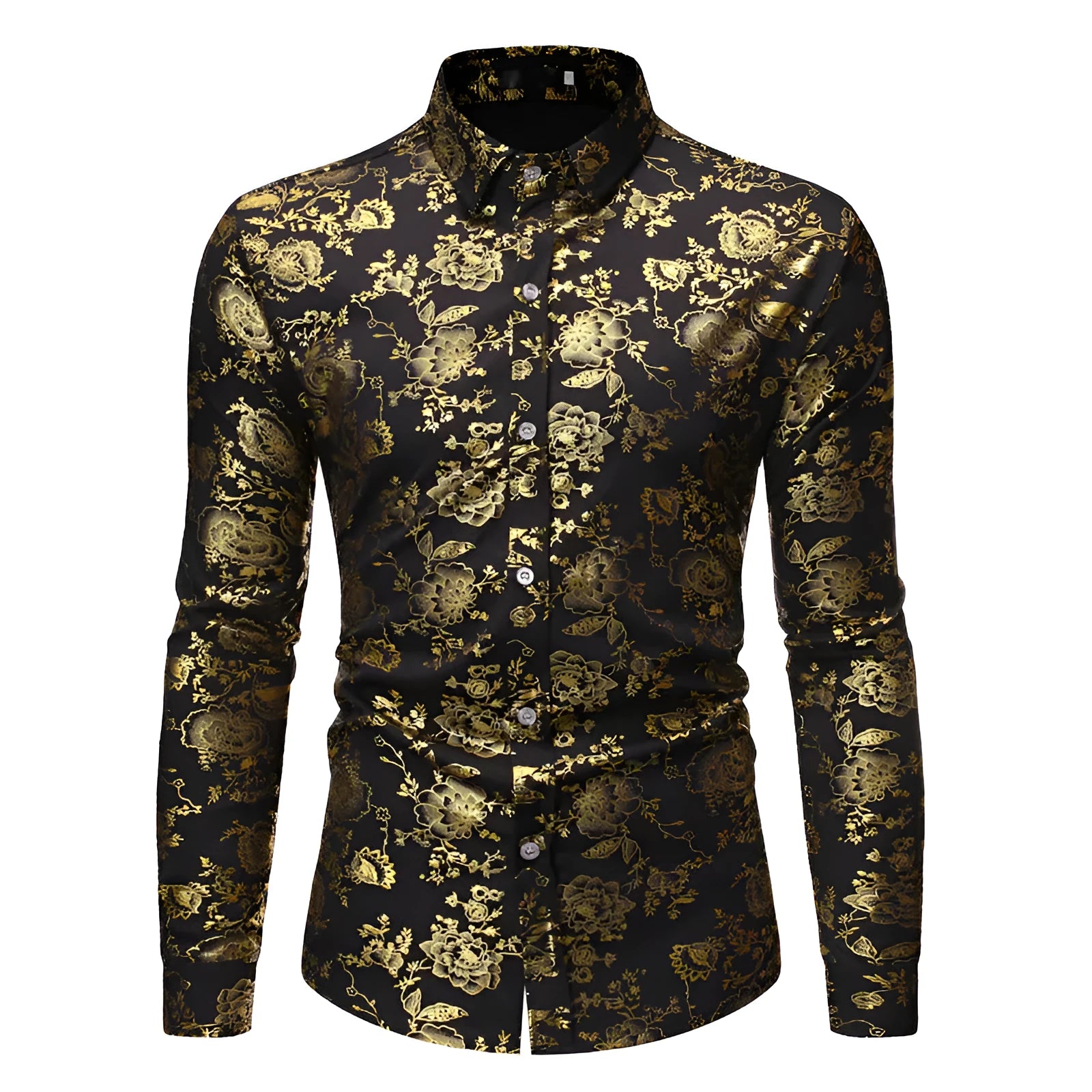Men's casual shirt with metal bronzing printed lapel design in polyester fabric