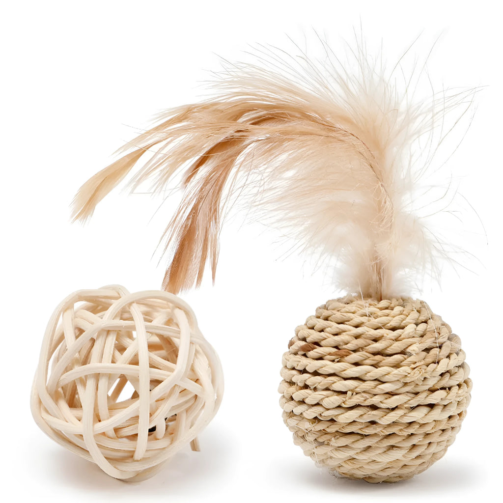 Cat toy set with rattan ball and faux feather ball in primary colours for feline play