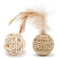 Cat toy set with rattan ball and faux feather ball in primary colours for feline play