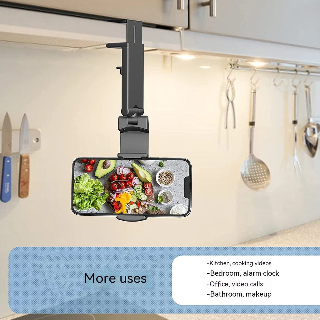 Universal foldable rotating phone holder in black, shown holding a smartphone in landscape orientation.