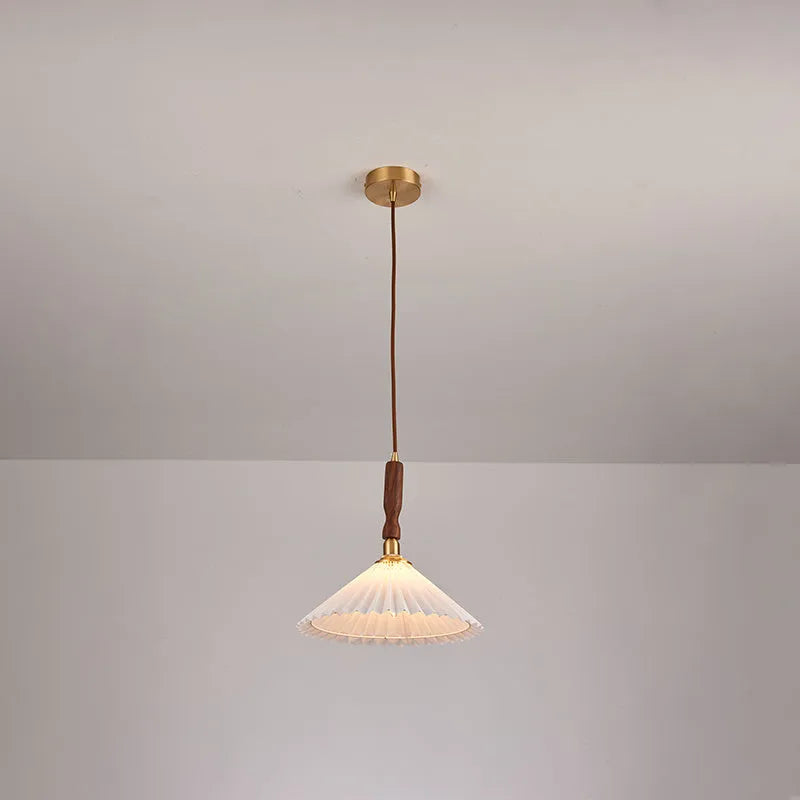 American retro walnut wood wall lamp with fabric shade and copper detailing