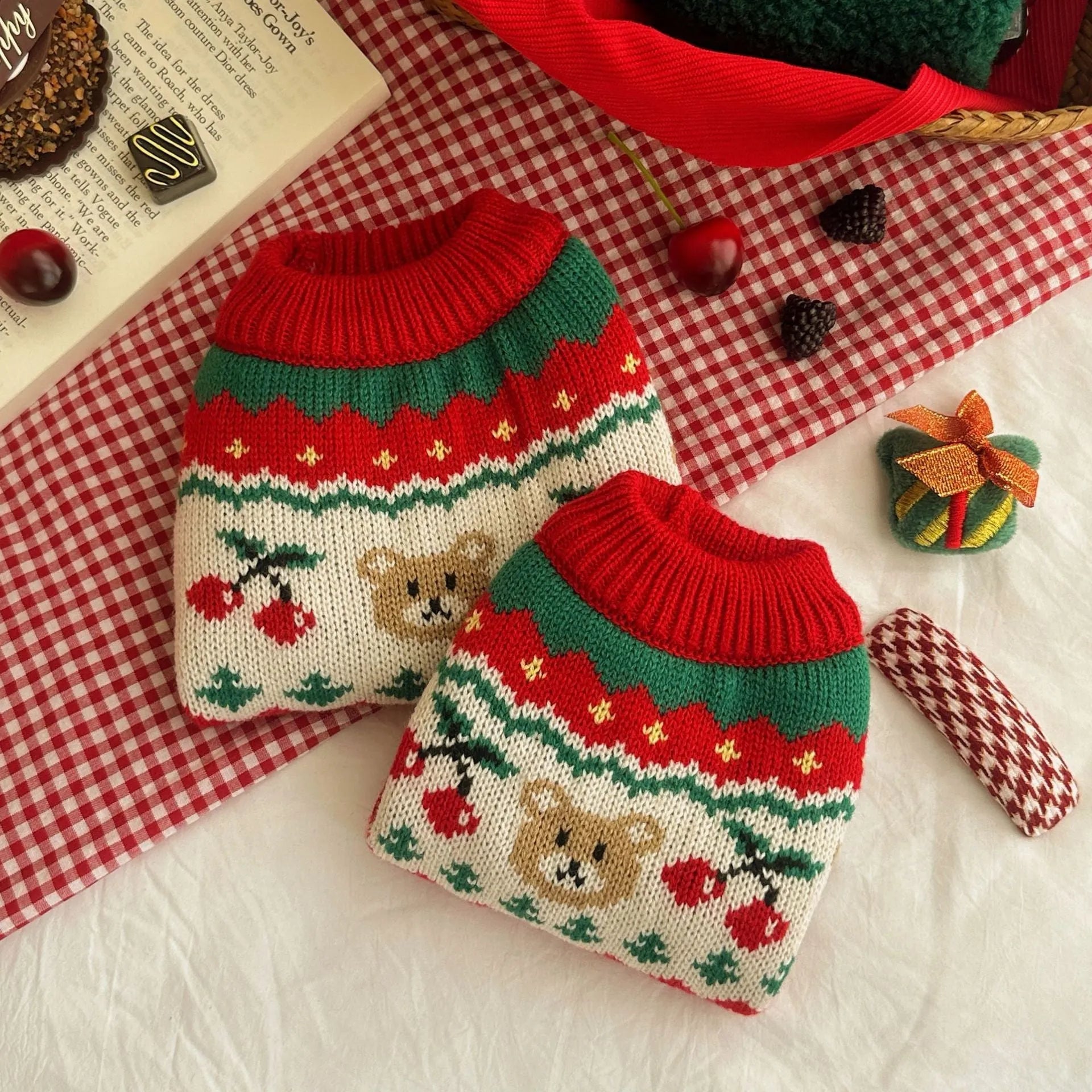 Red Christmas cherry pattern pet sweater for small dogs and cats in polyester fabric