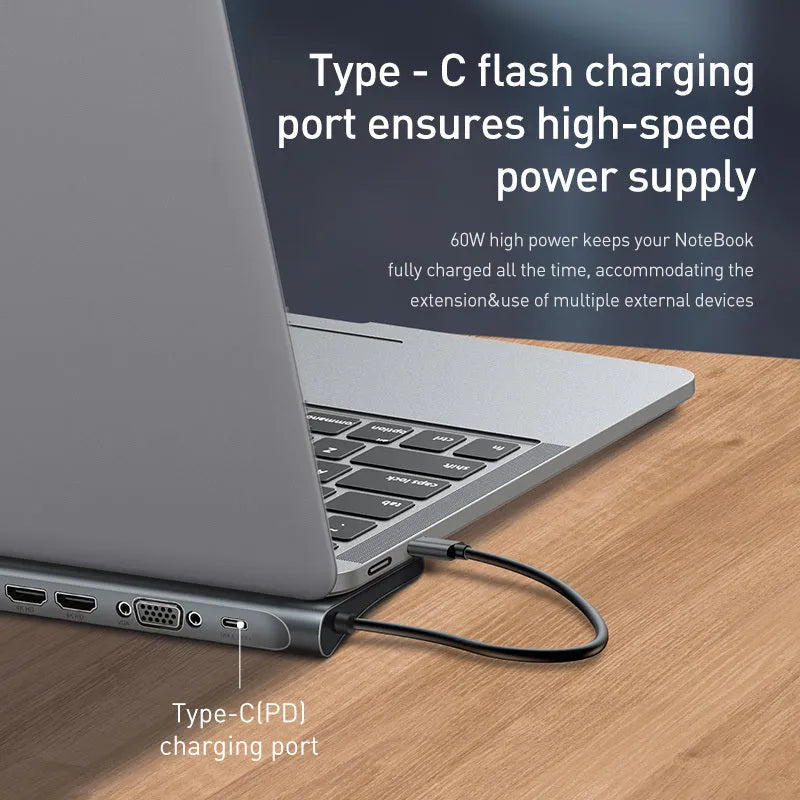 Grey ten-port USB C docking station with HDMI, VGA, Gigabit network, and cooling bracket