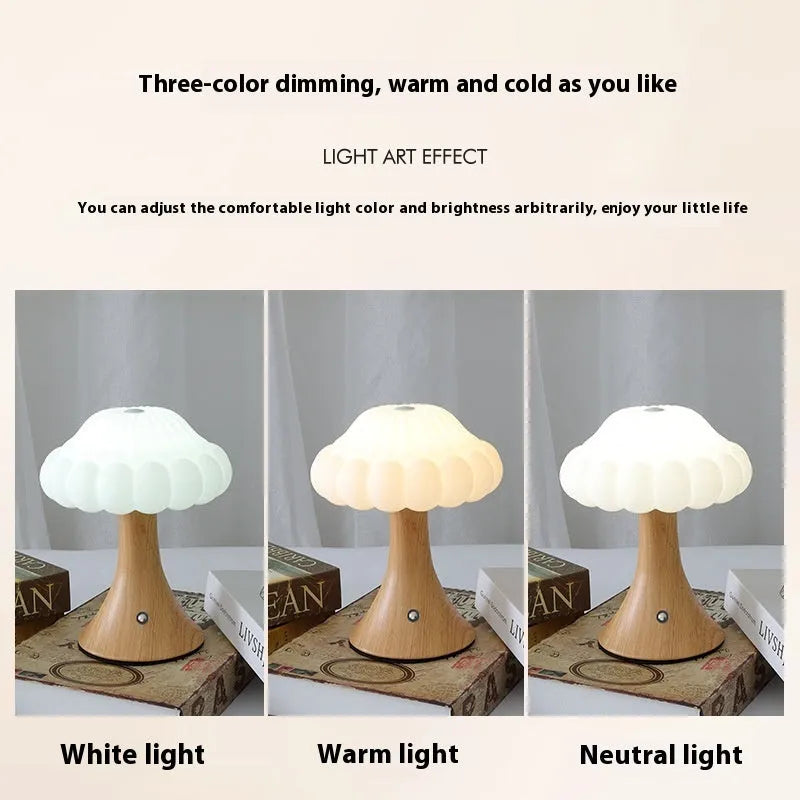 Mushroom-shaped night light with touch controls and USB port in wood grain finish