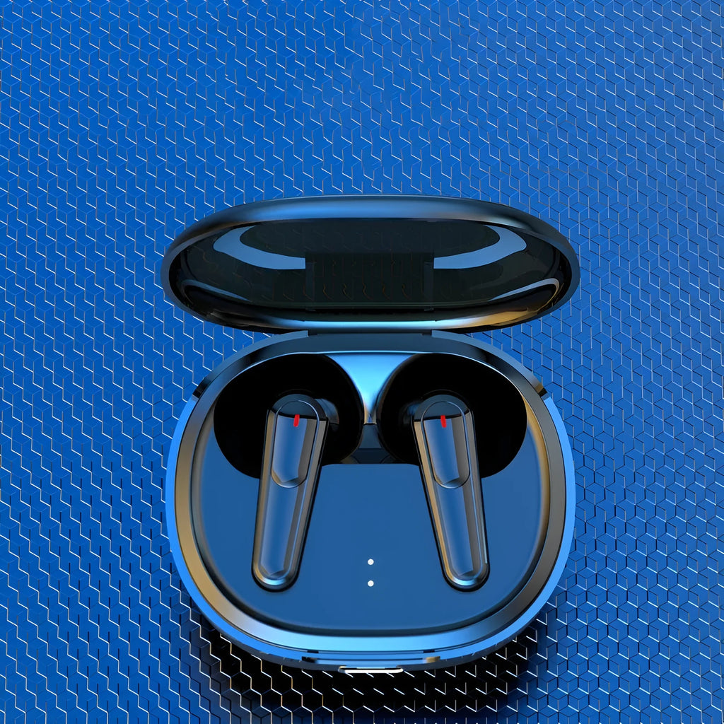Black in-ear Bluetooth headphones with noise reduction feature.
