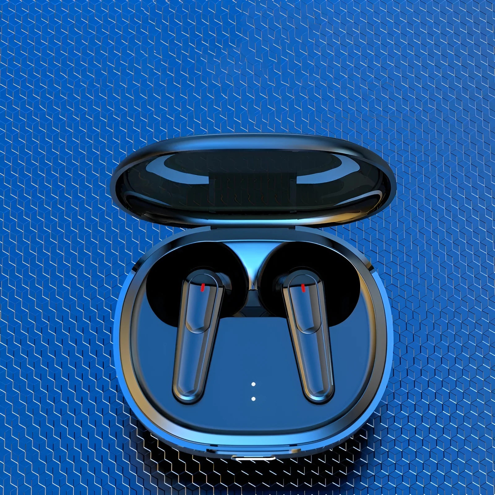 Black in-ear Bluetooth headphones with noise reduction feature.