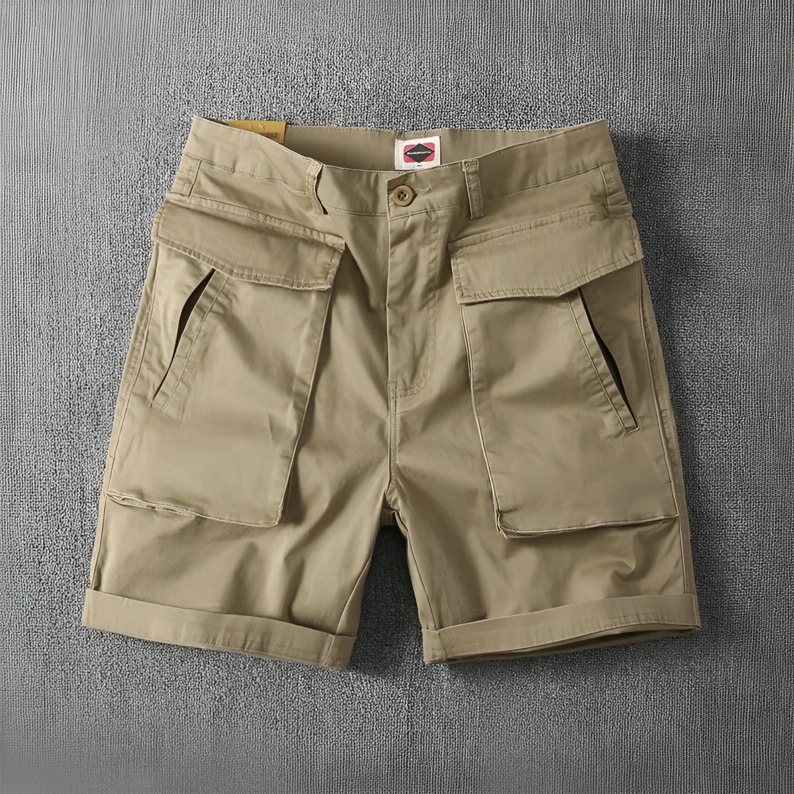 Men's cotton cargo shorts with stretch fabric in khaki colour, showing multiple pockets and straight-leg cut.