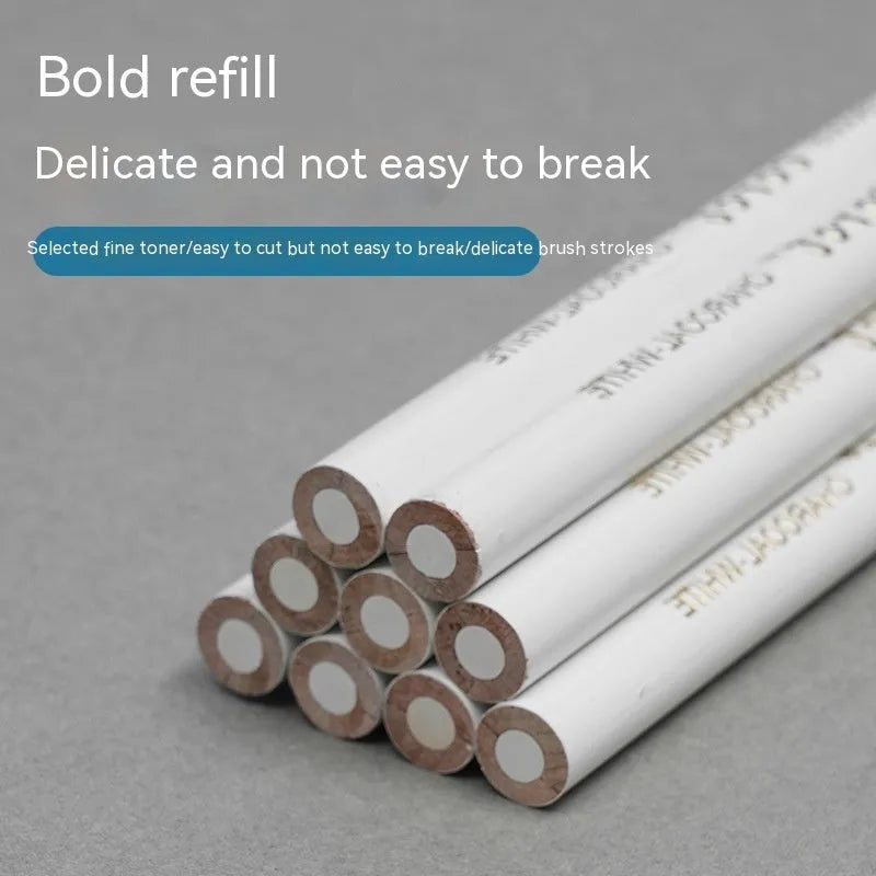 Set of three white charcoal drawing pencils with wooden barrels for sketching on dark paper.