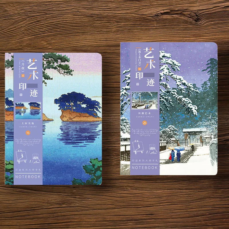 Ukiyo-e art hand ledger notebook showing Kanagawa surfing village retro cover design
