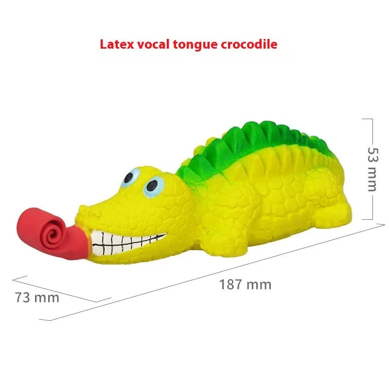 Latex tongue-sticking lizard sounding toy in crocodile colour on white background