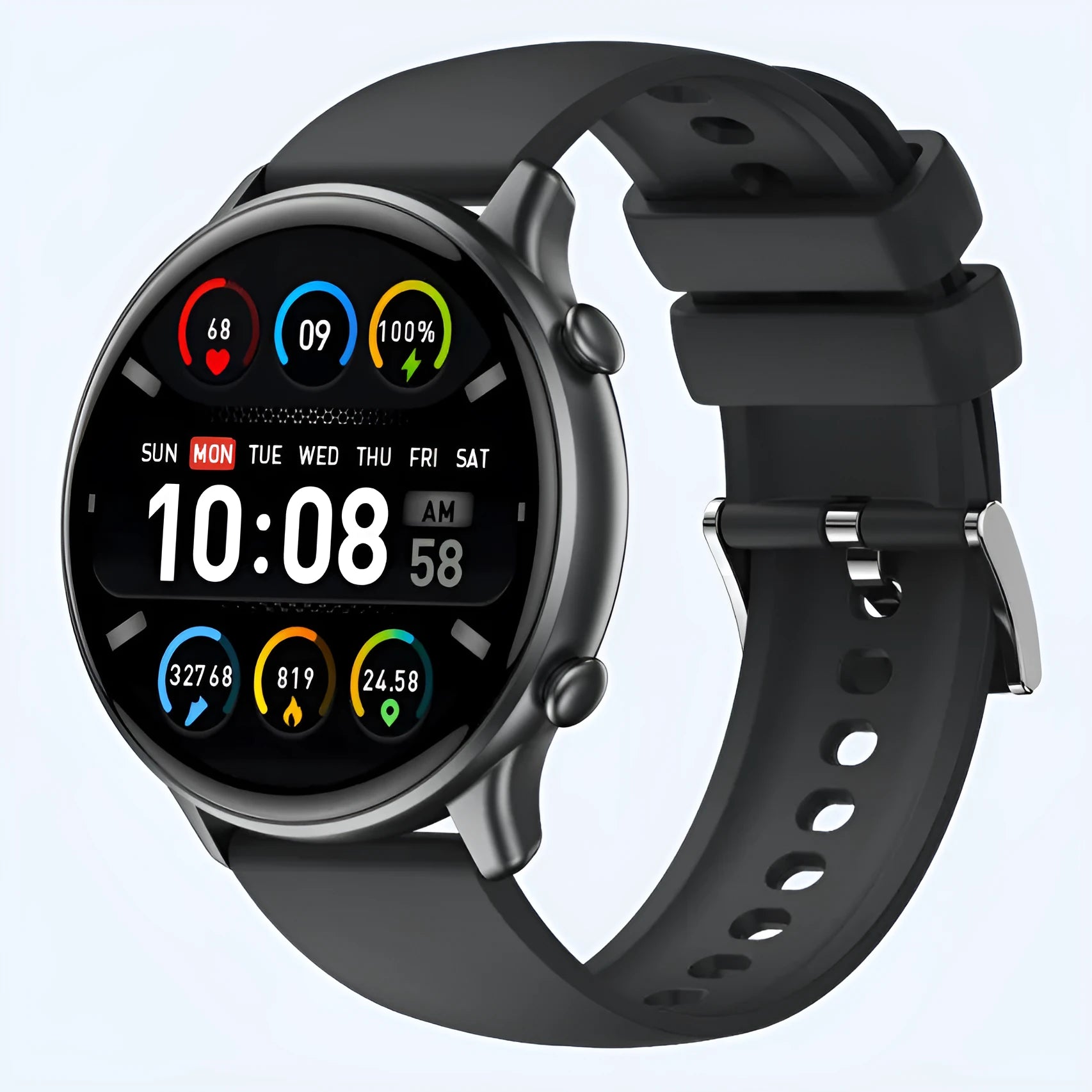 Round touch screen smart sports watch with heart rate monitor and silicone strap in black, blue or pink