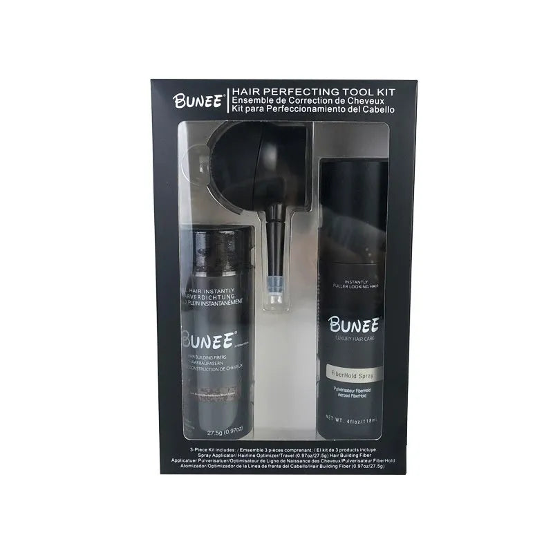 Dense Hair Fibre 275g three-piece set with powder can, applicator nozzle, and shaping spray bottle.
